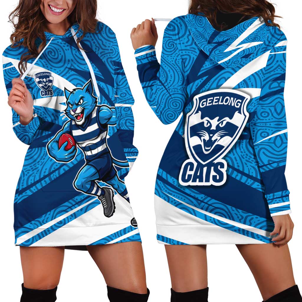 Geelong Cats Australian Football Hoodie Dress Fierce Cat Mascot With Indigenous Pattern Art