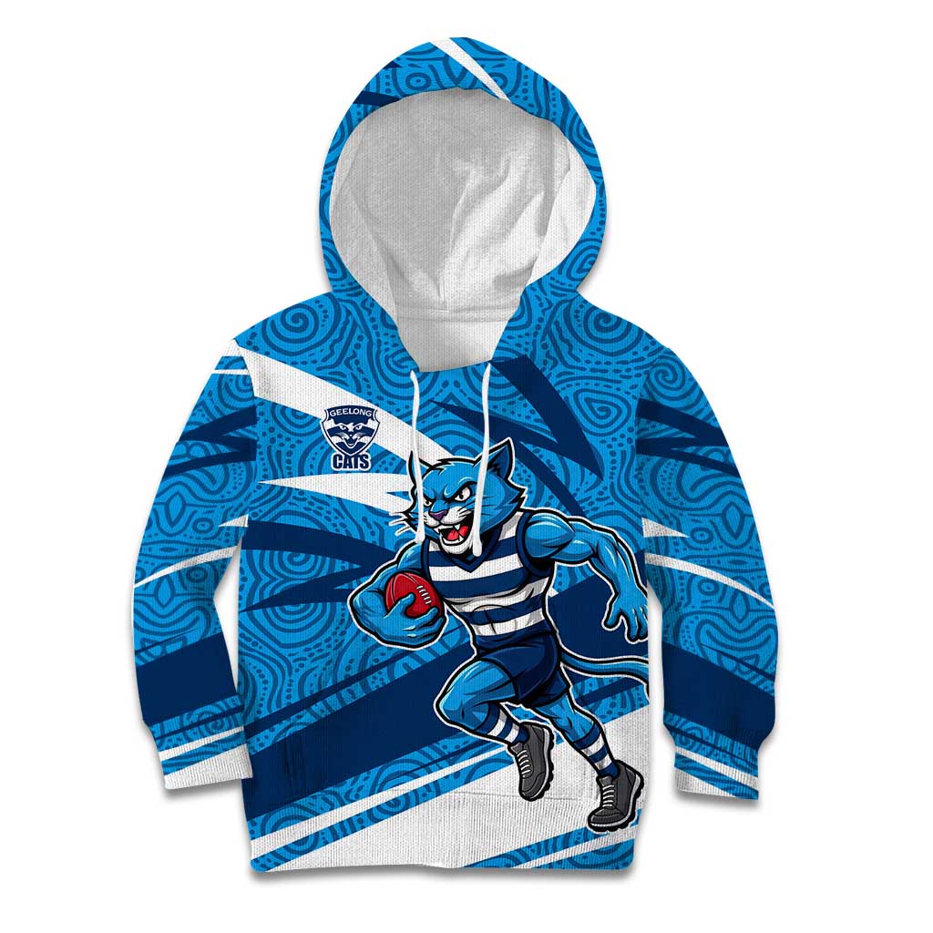 Geelong Cats Australian Football Kid Hoodie Fierce Cat Mascot With Indigenous Pattern Art