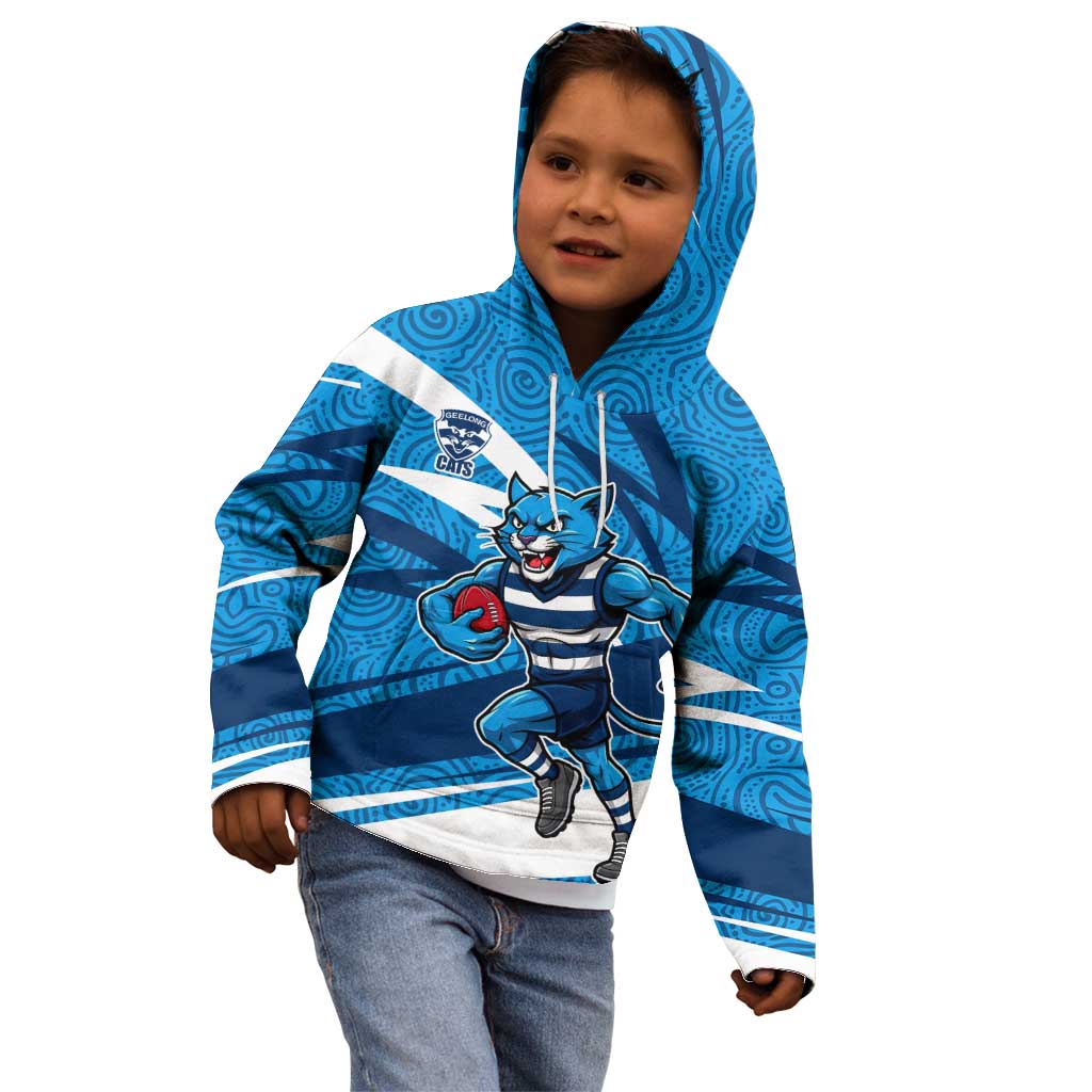 Geelong Cats Australian Football Kid Hoodie Fierce Cat Mascot With Indigenous Pattern Art