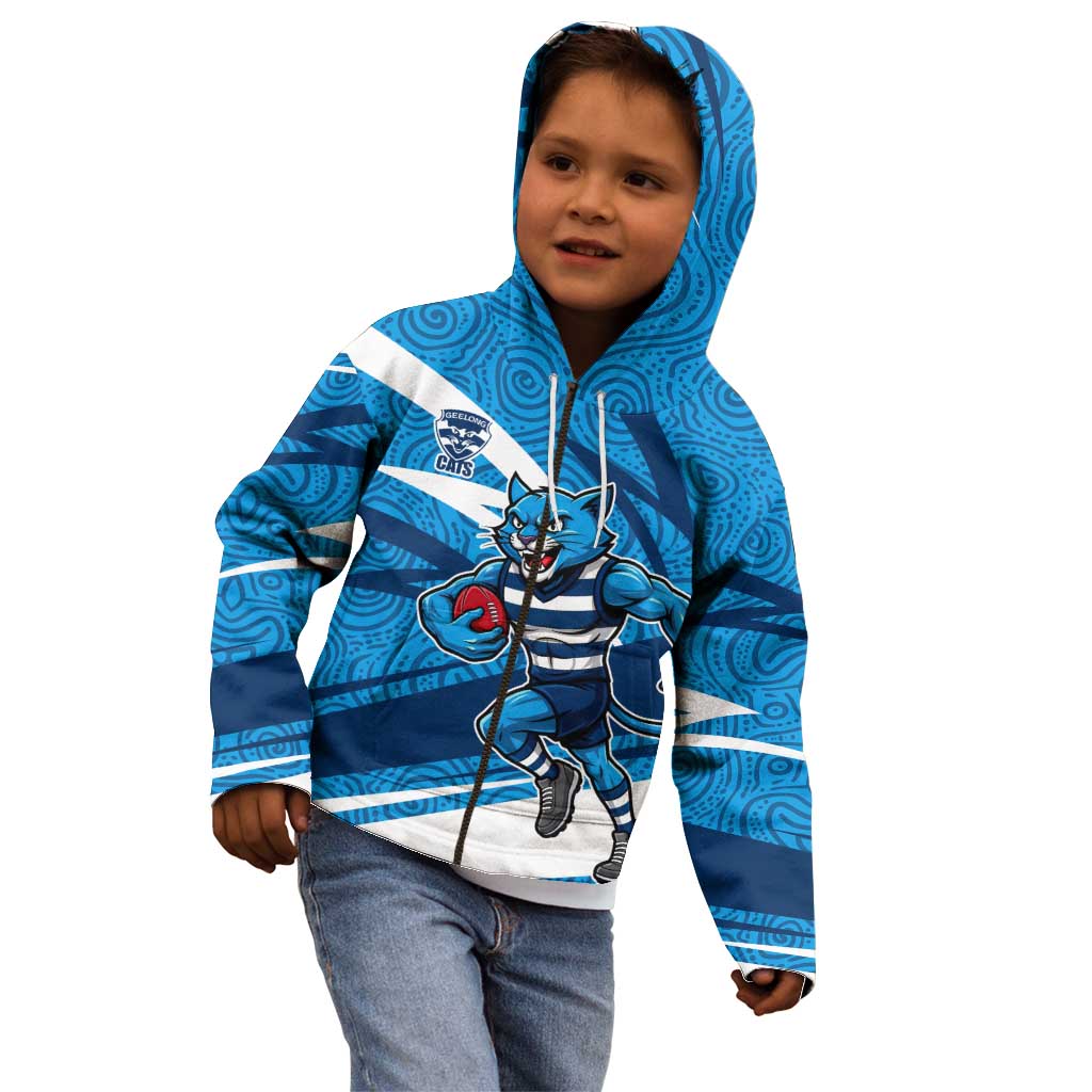 Geelong Cats Australian Football Kid Hoodie Fierce Cat Mascot With Indigenous Pattern Art