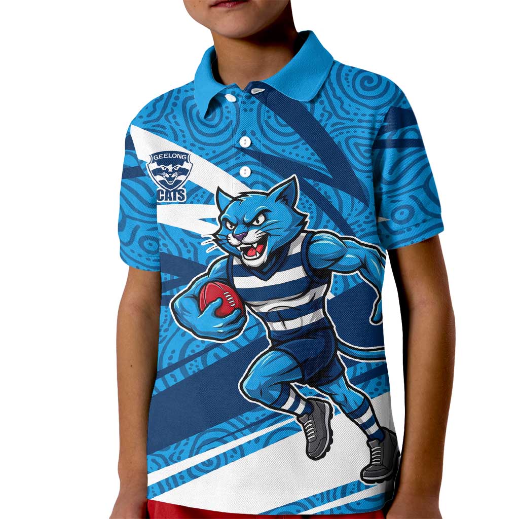 Geelong Cats Australian Football Kid Polo Shirt Fierce Cat Mascot With Indigenous Pattern Art