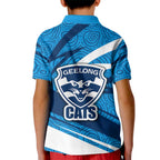 Geelong Cats Australian Football Kid Polo Shirt Fierce Cat Mascot With Indigenous Pattern Art