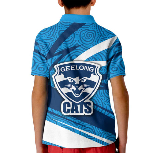 Geelong Cats Australian Football Kid Polo Shirt Fierce Cat Mascot With Indigenous Pattern Art