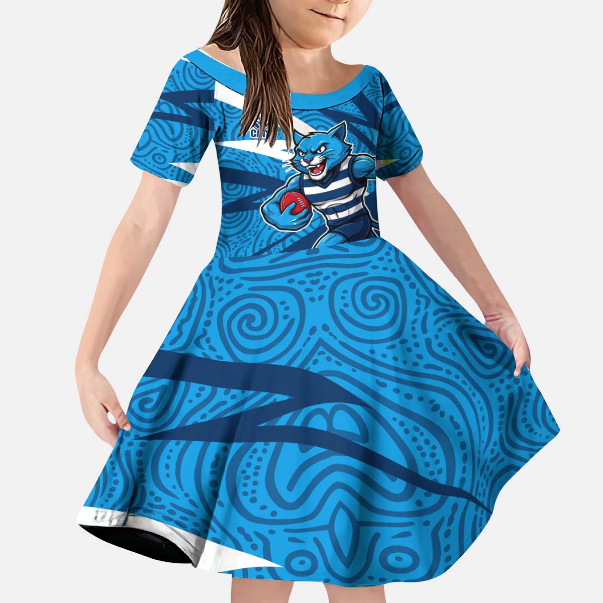 Geelong Cats Australian Football Kid Short Sleeve Dress Fierce Cat Mascot With Indigenous Pattern Art
