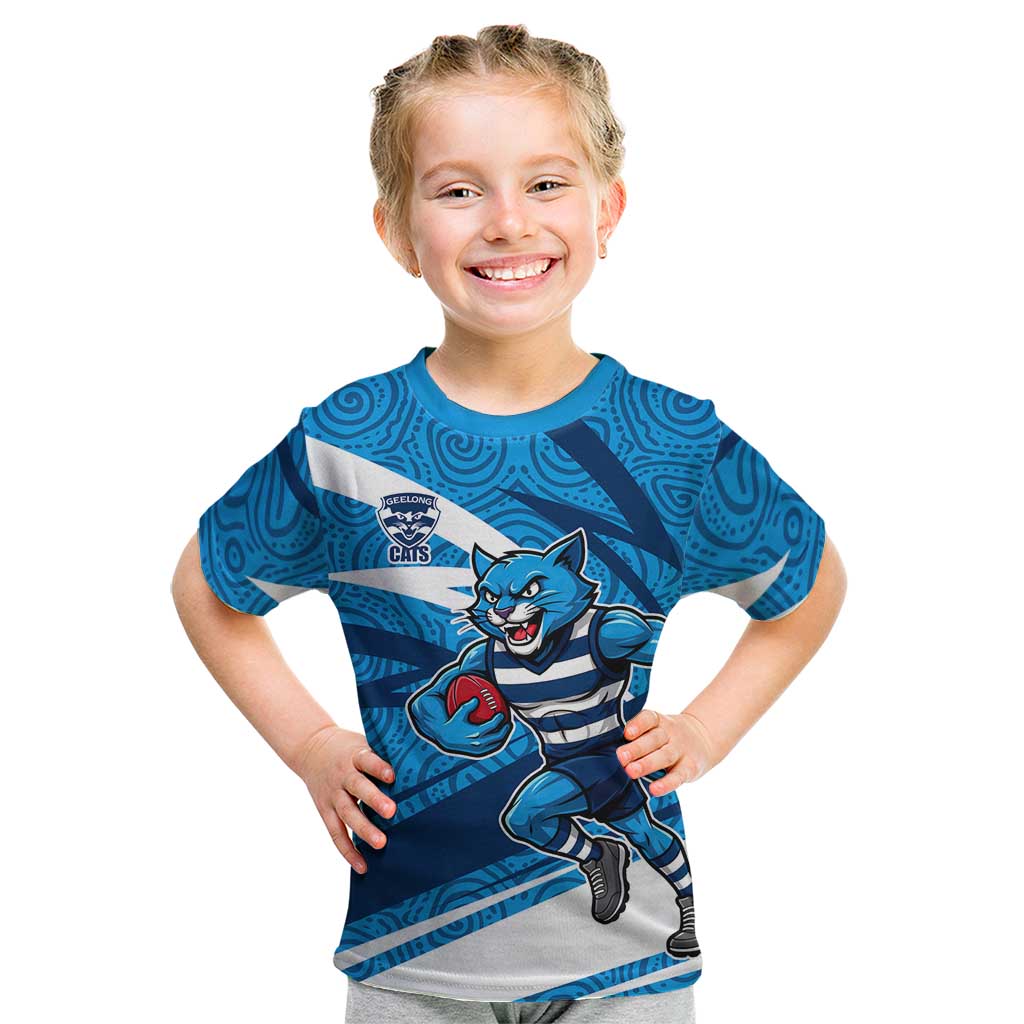 Geelong Cats Australian Football Kid T Shirt Fierce Cat Mascot With Indigenous Pattern Art