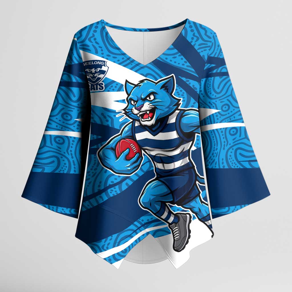 Geelong Cats Australian Football Kimono Sleeve Blouse Fierce Cat Mascot With Indigenous Pattern Art