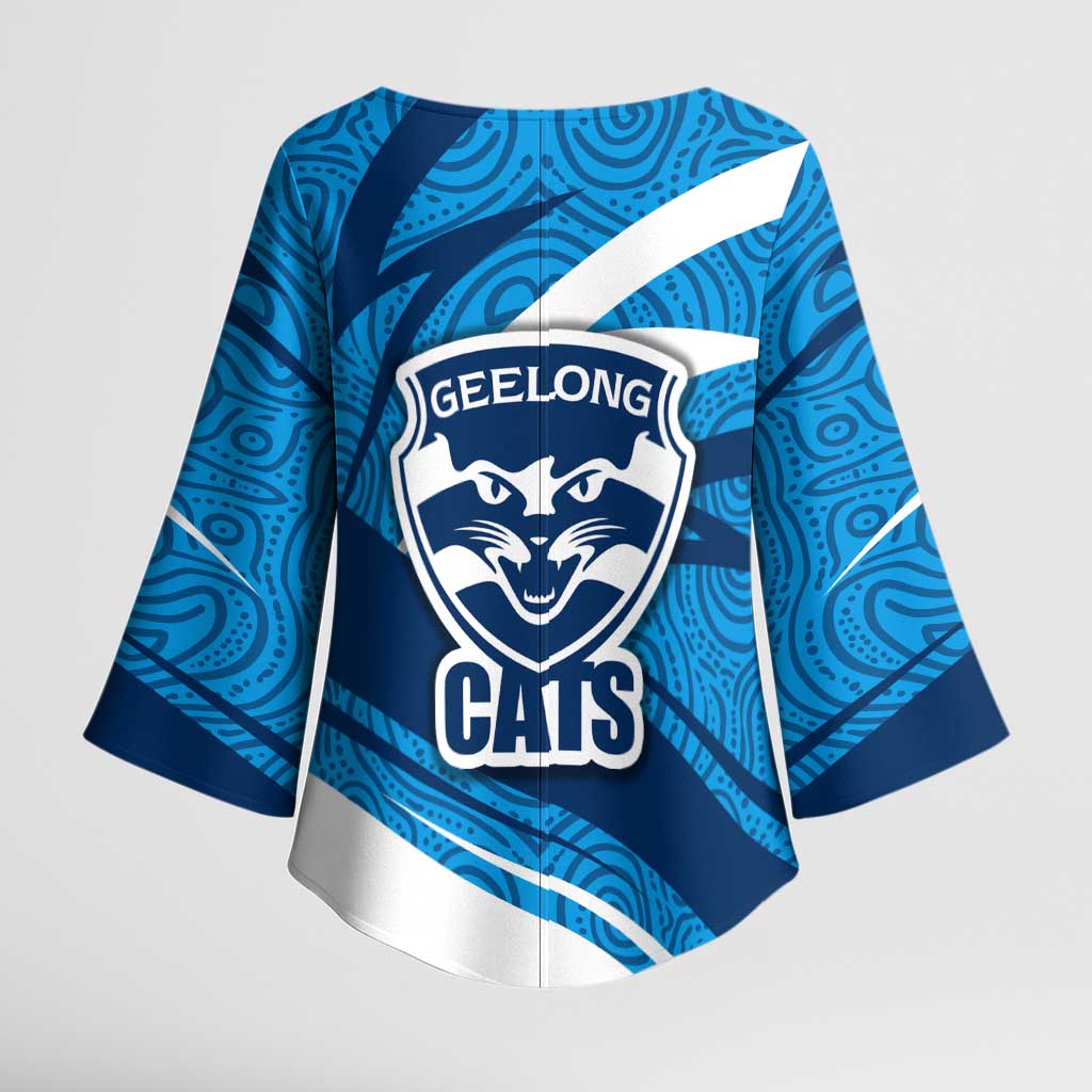 Geelong Cats Australian Football Kimono Sleeve Blouse Fierce Cat Mascot With Indigenous Pattern Art
