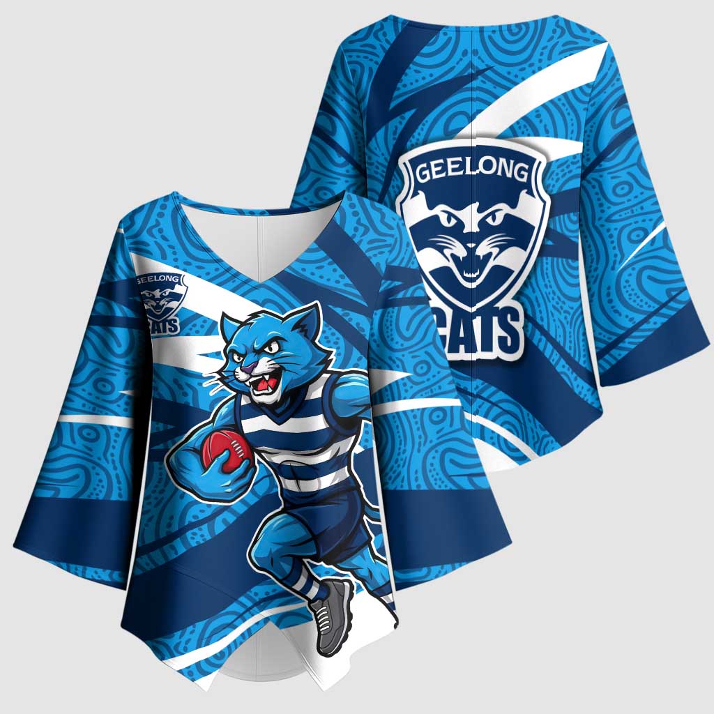 Geelong Cats Australian Football Kimono Sleeve Blouse Fierce Cat Mascot With Indigenous Pattern Art