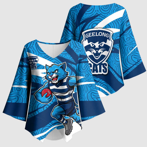 Geelong Cats Australian Football Kimono Sleeve Blouse Fierce Cat Mascot With Indigenous Pattern Art