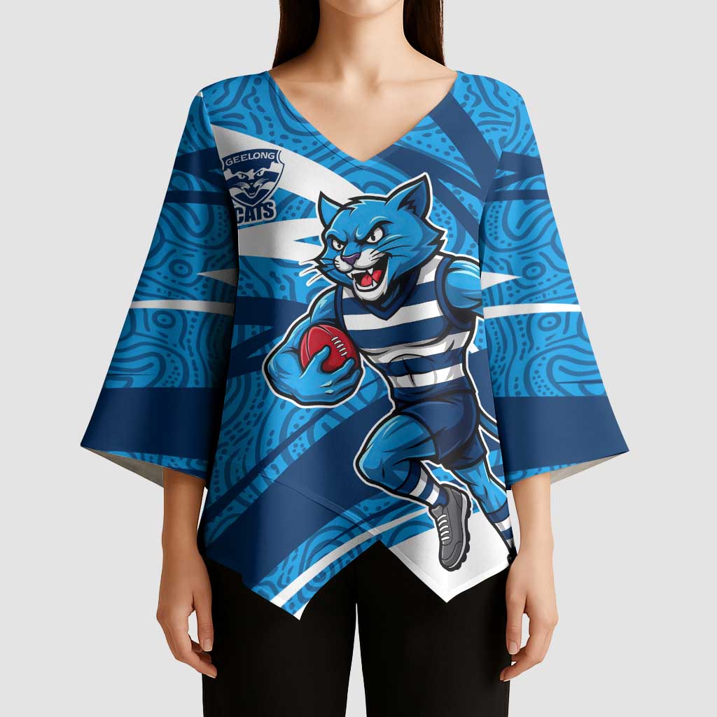 Geelong Cats Australian Football Kimono Sleeve Blouse Fierce Cat Mascot With Indigenous Pattern Art