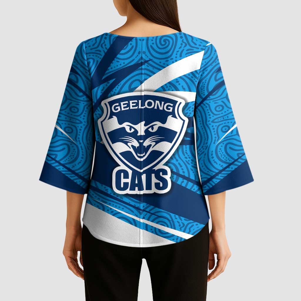 Geelong Cats Australian Football Kimono Sleeve Blouse Fierce Cat Mascot With Indigenous Pattern Art