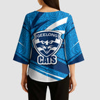 Geelong Cats Australian Football Kimono Sleeve Blouse Fierce Cat Mascot With Indigenous Pattern Art