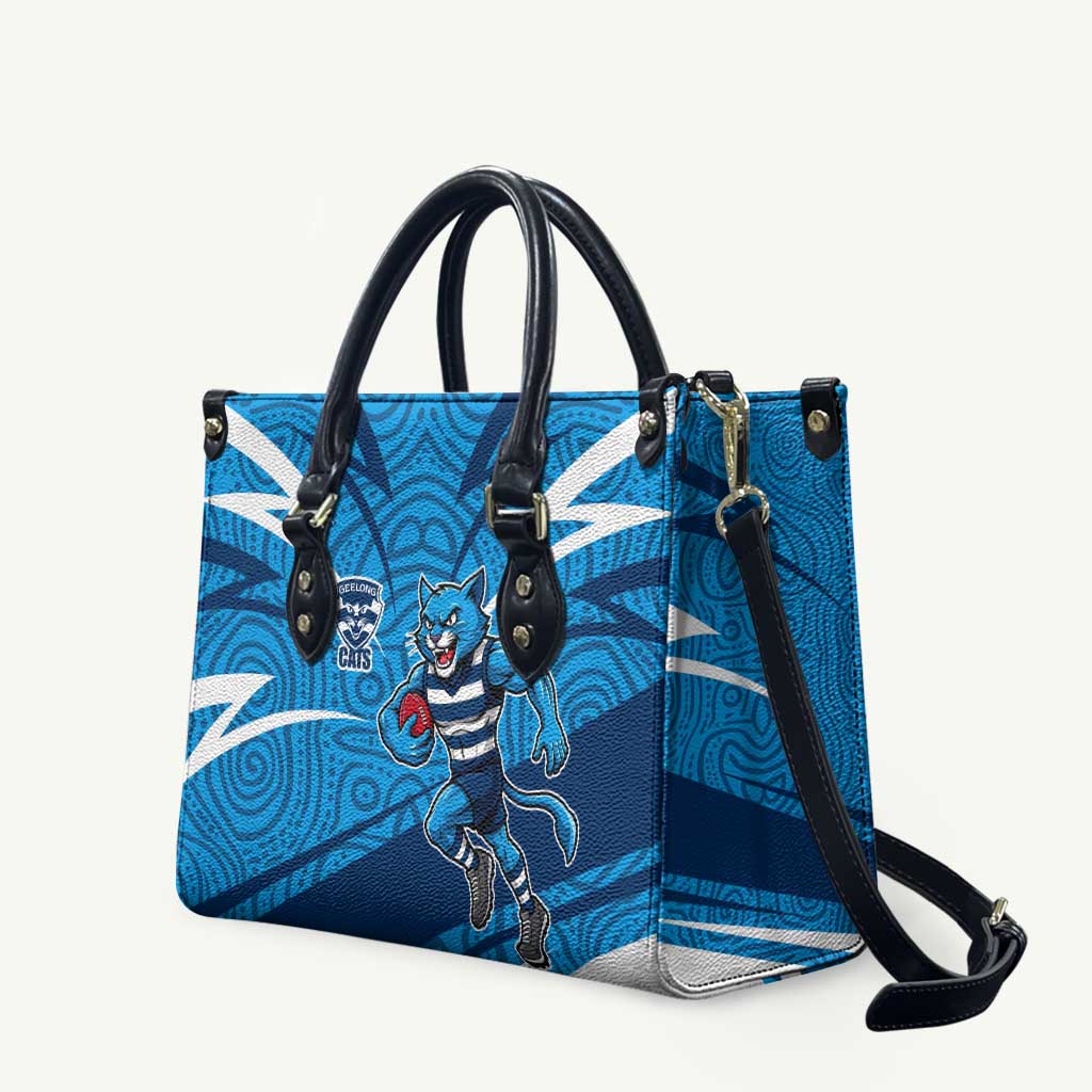 Geelong Cats Australian Football Leather Bag Fierce Cat Mascot With Indigenous Pattern Art