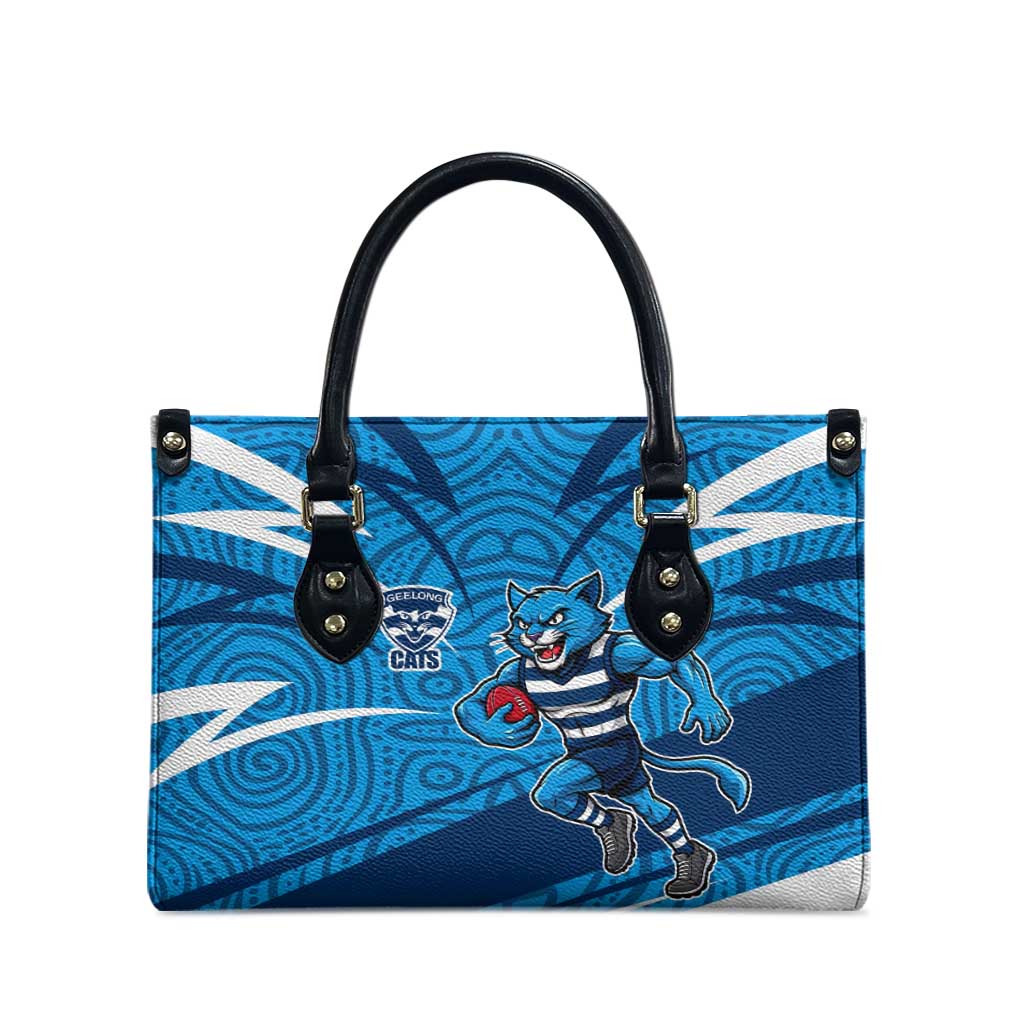 Geelong Cats Australian Football Leather Bag Fierce Cat Mascot With Indigenous Pattern Art
