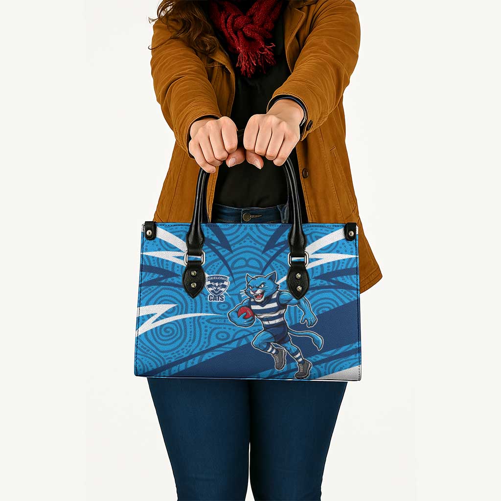 Geelong Cats Australian Football Leather Bag Fierce Cat Mascot With Indigenous Pattern Art