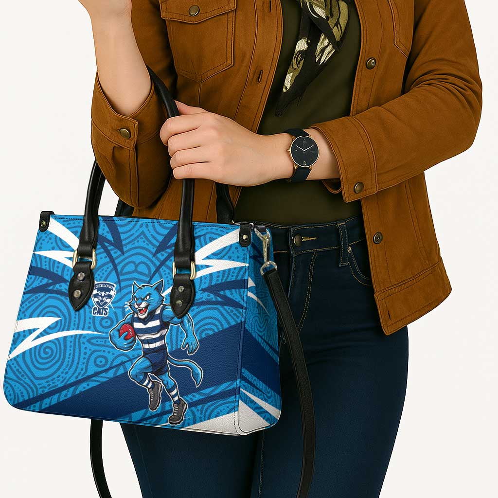 Geelong Cats Australian Football Leather Bag Fierce Cat Mascot With Indigenous Pattern Art