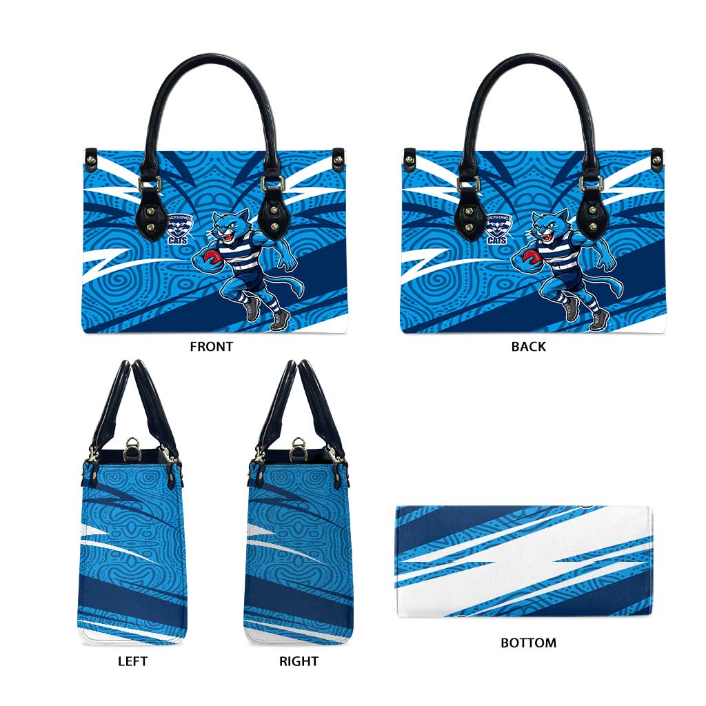 Geelong Cats Australian Football Leather Bag Fierce Cat Mascot With Indigenous Pattern Art