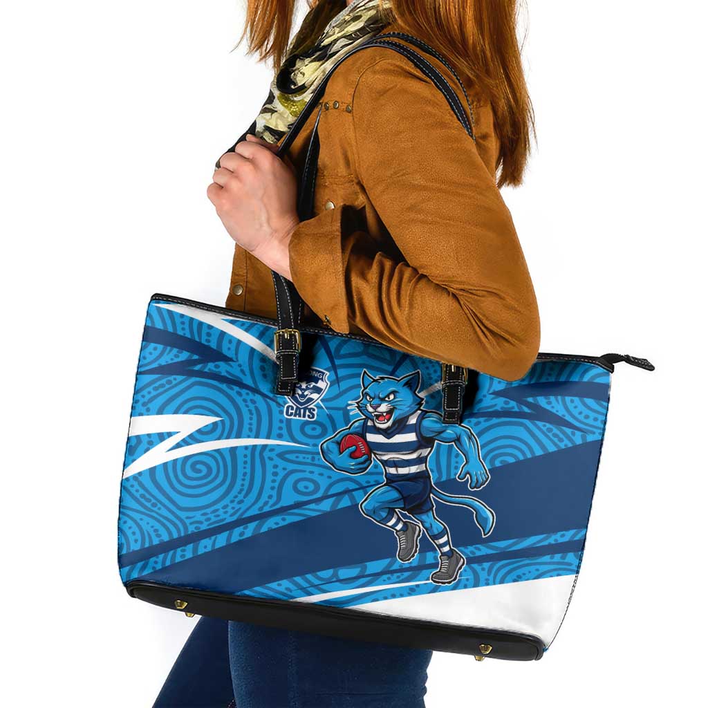 Geelong Cats Australian Football Leather Tote Bag Fierce Cat Mascot With Indigenous Pattern Art