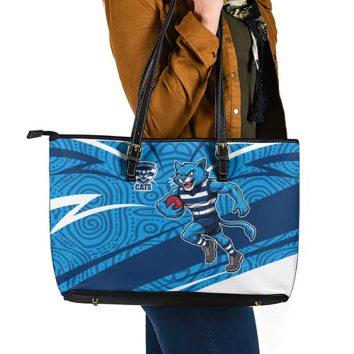Geelong Cats Australian Football Leather Tote Bag Fierce Cat Mascot With Indigenous Pattern Art