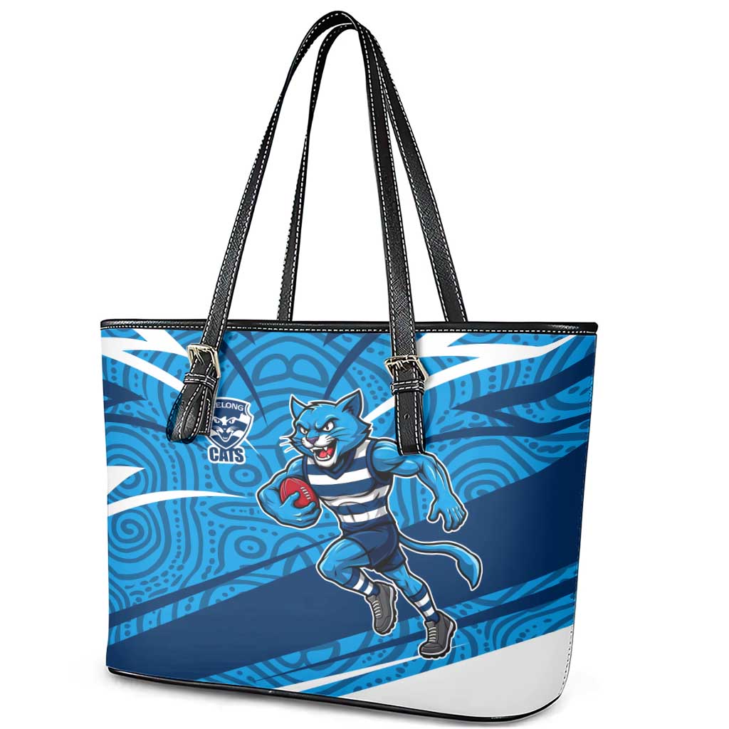 Geelong Cats Australian Football Leather Tote Bag Fierce Cat Mascot With Indigenous Pattern Art