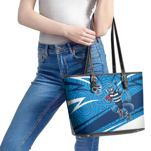 Geelong Cats Australian Football Leather Tote Bag Fierce Cat Mascot With Indigenous Pattern Art
