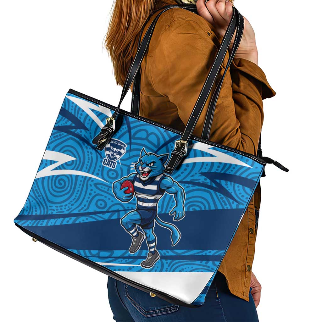 Geelong Cats Australian Football Leather Tote Bag Fierce Cat Mascot With Indigenous Pattern Art