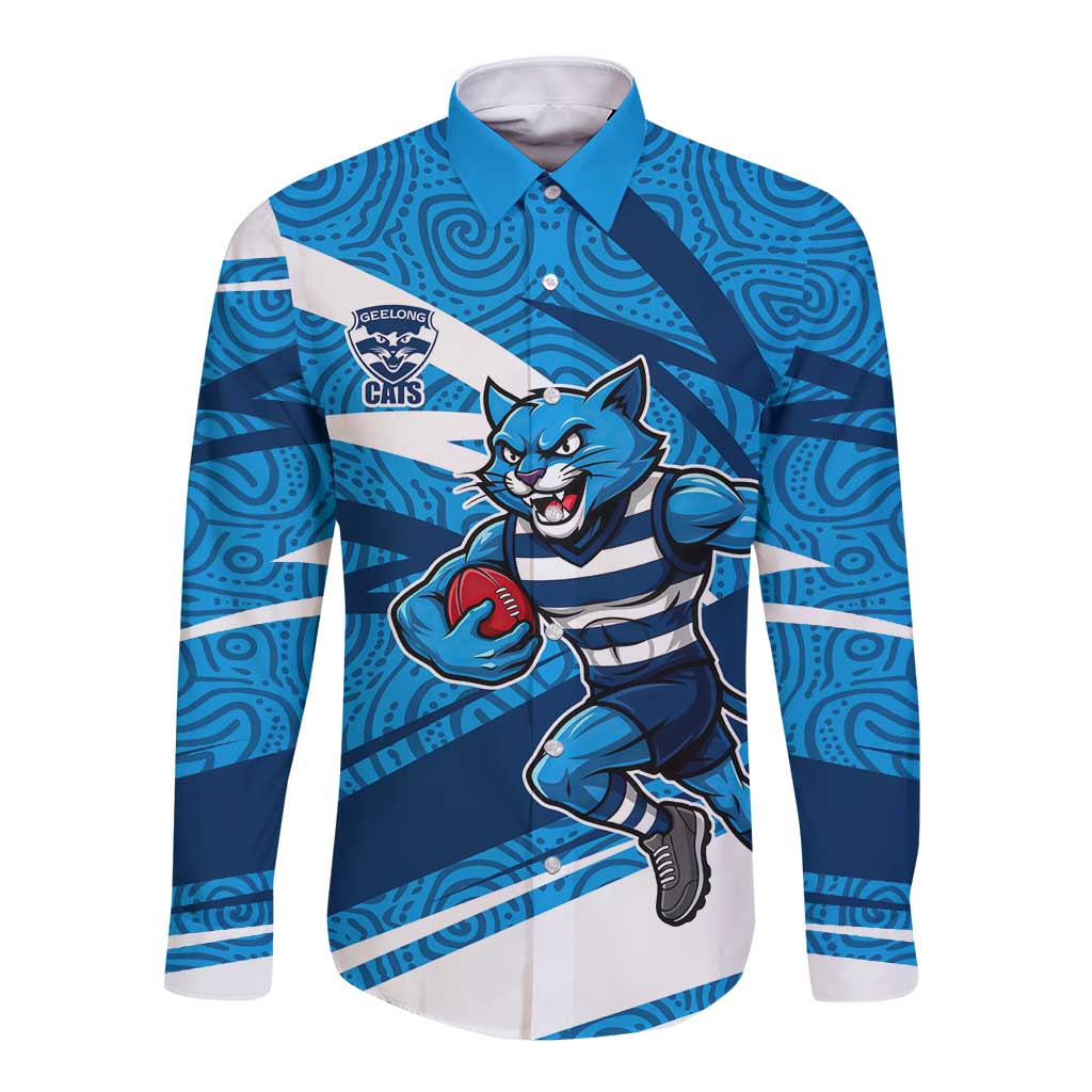 Geelong Cats Australian Football Long Sleeve Button Shirt Fierce Cat Mascot With Indigenous Pattern Art