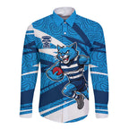 Geelong Cats Australian Football Long Sleeve Button Shirt Fierce Cat Mascot With Indigenous Pattern Art