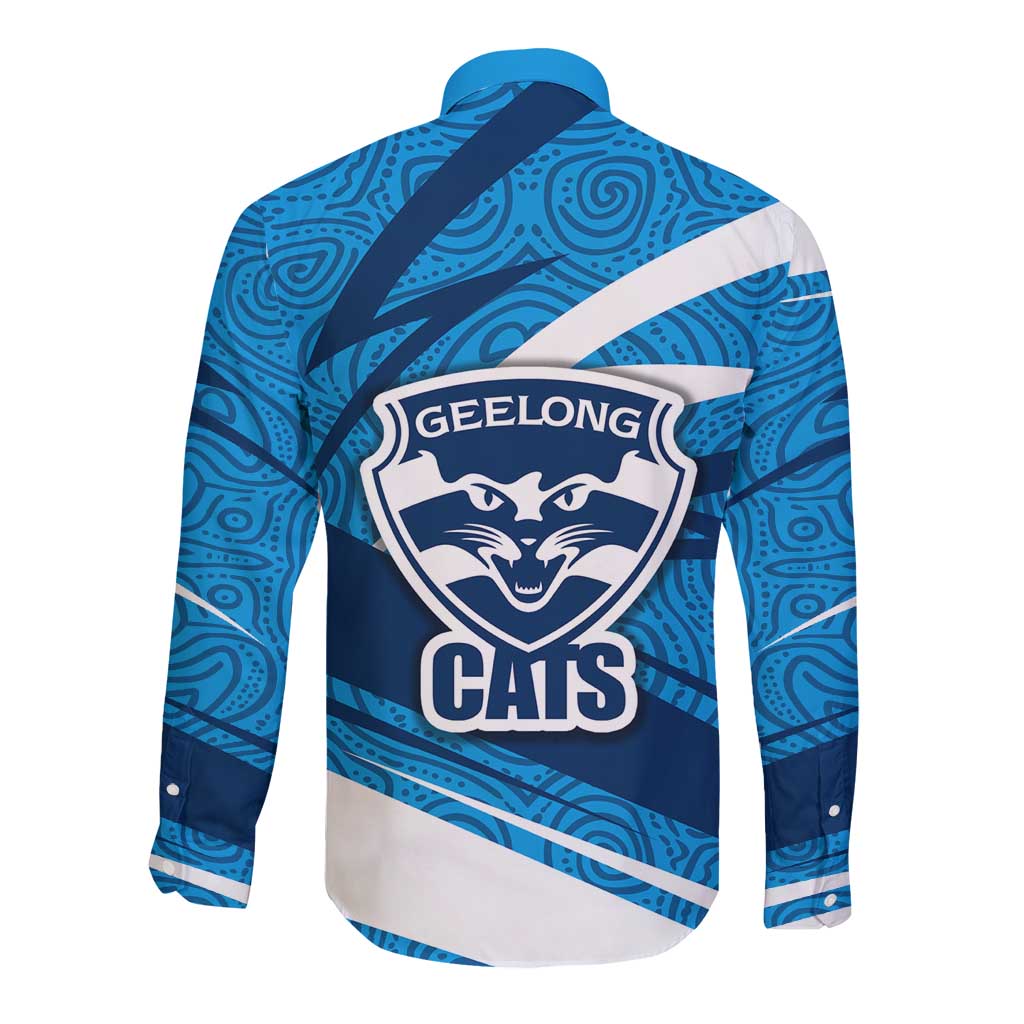 Geelong Cats Australian Football Long Sleeve Button Shirt Fierce Cat Mascot With Indigenous Pattern Art