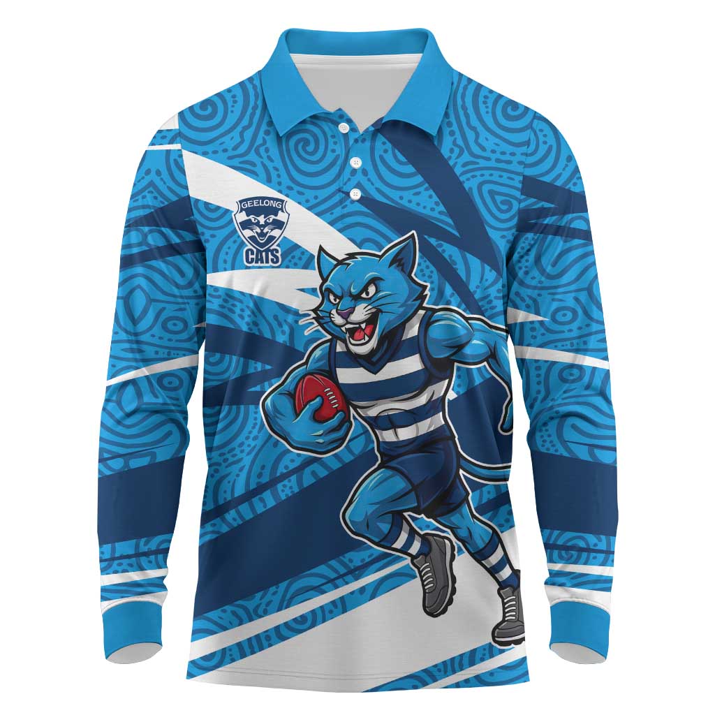 Geelong Cats Australian Football Long Sleeve Polo Shirt Fierce Cat Mascot With Indigenous Pattern Art
