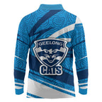 Geelong Cats Australian Football Long Sleeve Polo Shirt Fierce Cat Mascot With Indigenous Pattern Art