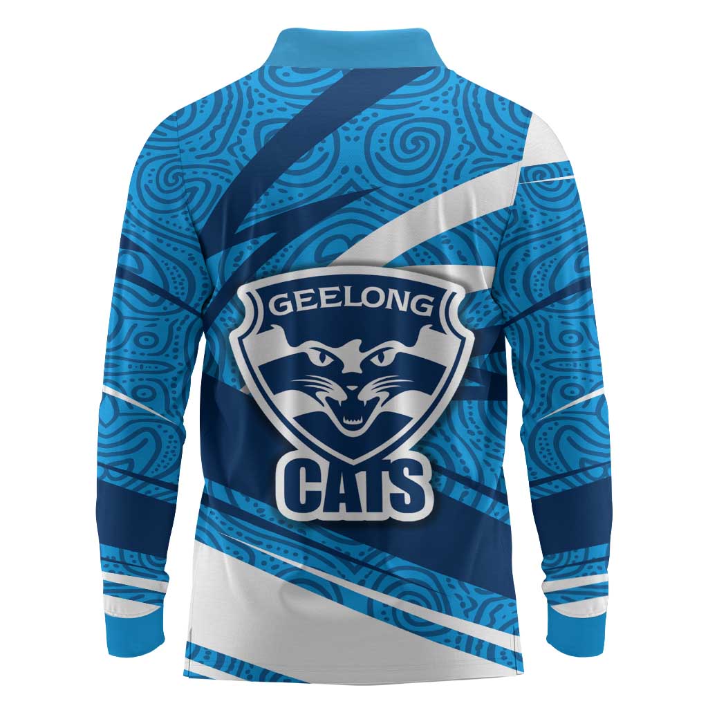 Geelong Cats Australian Football Long Sleeve Polo Shirt Fierce Cat Mascot With Indigenous Pattern Art