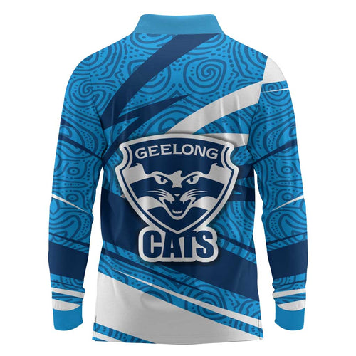 Geelong Cats Australian Football Long Sleeve Polo Shirt Fierce Cat Mascot With Indigenous Pattern Art