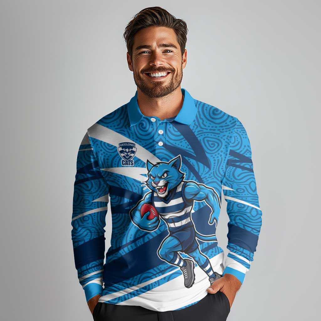 Geelong Cats Australian Football Long Sleeve Polo Shirt Fierce Cat Mascot With Indigenous Pattern Art