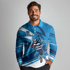 Geelong Cats Australian Football Long Sleeve Polo Shirt Fierce Cat Mascot With Indigenous Pattern Art
