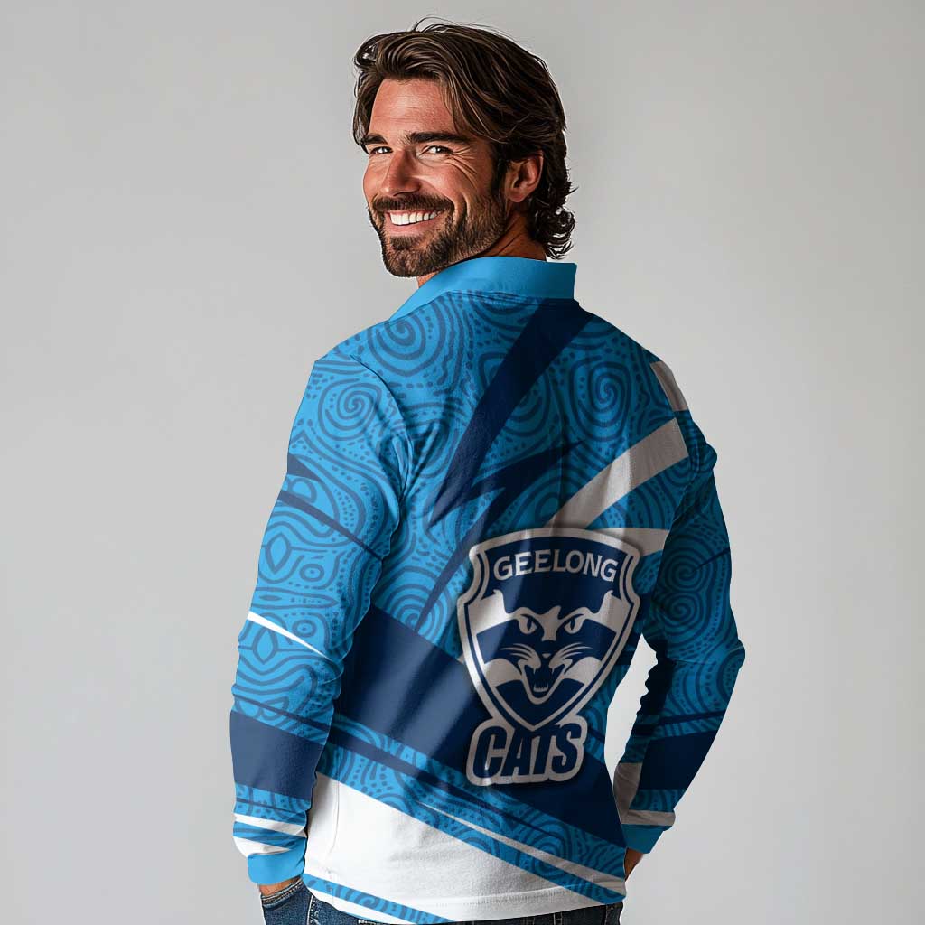 Geelong Cats Australian Football Long Sleeve Polo Shirt Fierce Cat Mascot With Indigenous Pattern Art