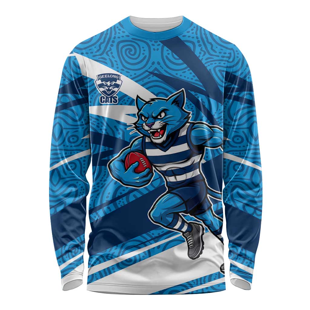 Geelong Cats Australian Football Long Sleeve Shirt Fierce Cat Mascot With Indigenous Pattern Art
