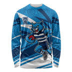 Geelong Cats Australian Football Long Sleeve Shirt Fierce Cat Mascot With Indigenous Pattern Art
