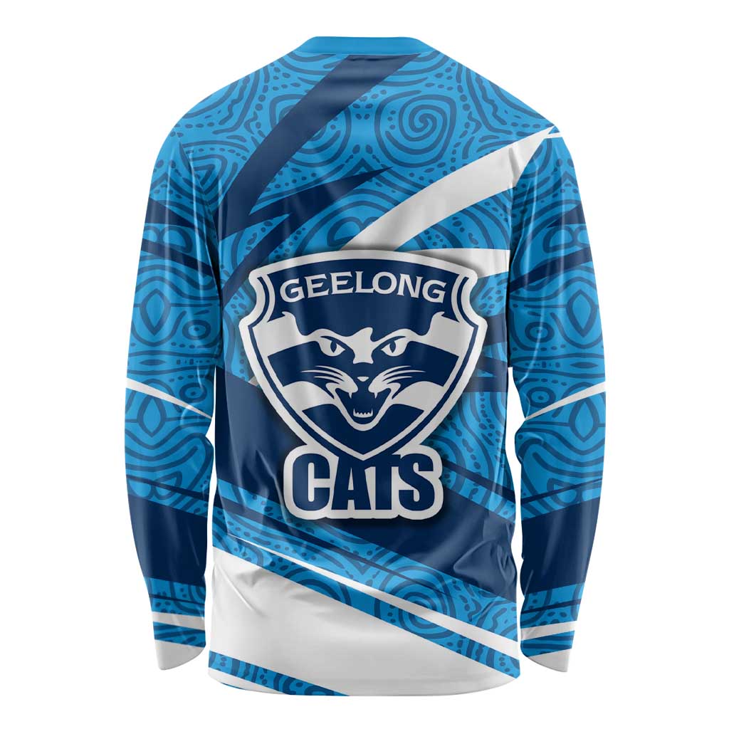 Geelong Cats Australian Football Long Sleeve Shirt Fierce Cat Mascot With Indigenous Pattern Art