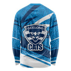 Geelong Cats Australian Football Long Sleeve Shirt Fierce Cat Mascot With Indigenous Pattern Art