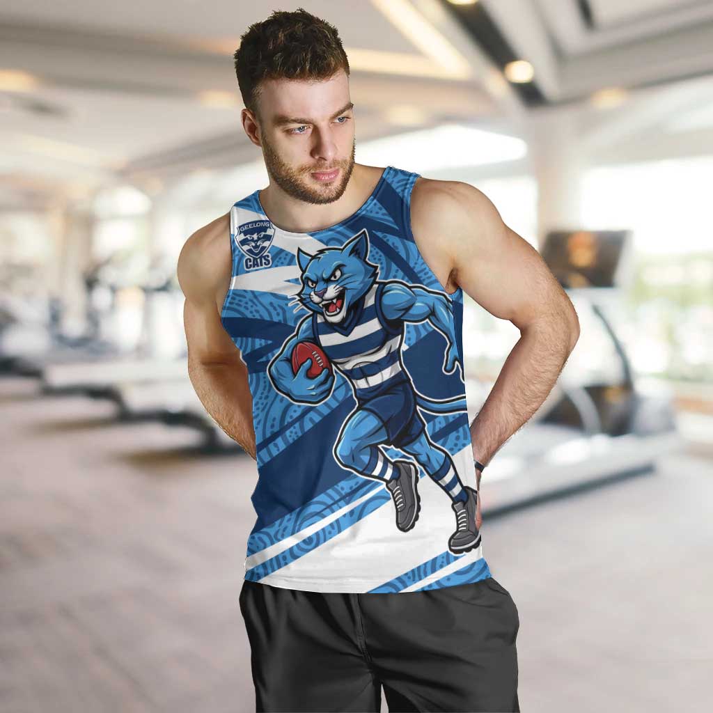 Geelong Cats Australian Football Men Tank Top Fierce Cat Mascot With Indigenous Pattern Art