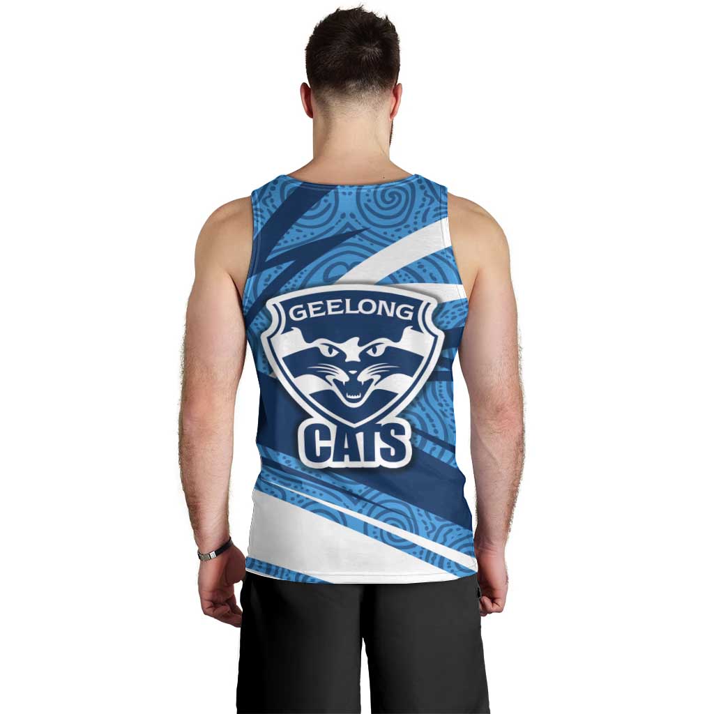 Geelong Cats Australian Football Men Tank Top Fierce Cat Mascot With Indigenous Pattern Art