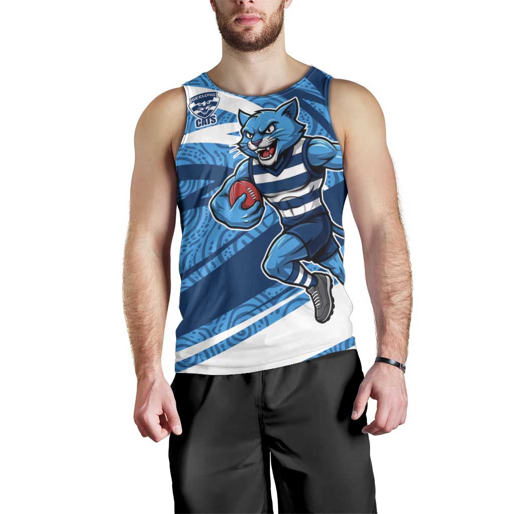 Geelong Cats Australian Football Men Tank Top Fierce Cat Mascot With Indigenous Pattern Art