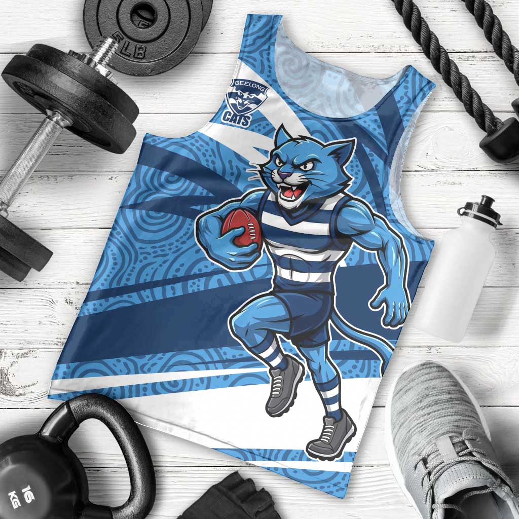 Geelong Cats Australian Football Men Tank Top Fierce Cat Mascot With Indigenous Pattern Art