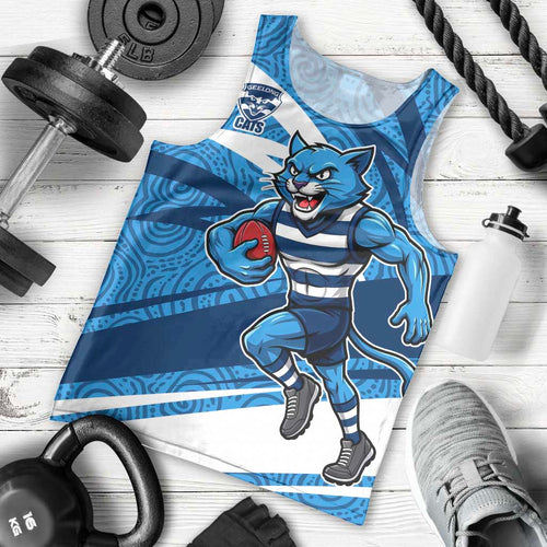 Geelong Cats Australian Football Men Tank Top Fierce Cat Mascot With Indigenous Pattern Art