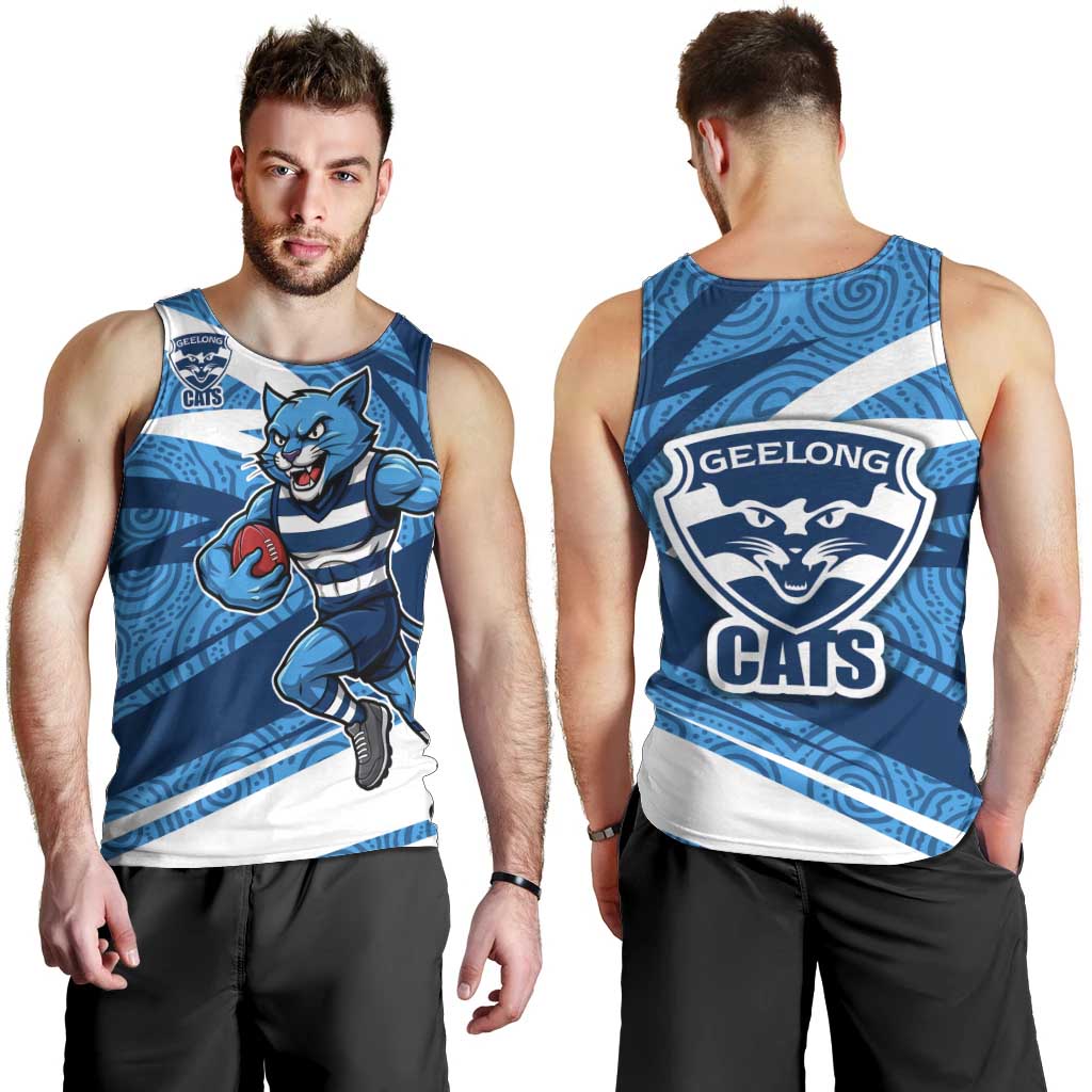 Geelong Cats Australian Football Men Tank Top Fierce Cat Mascot With Indigenous Pattern Art