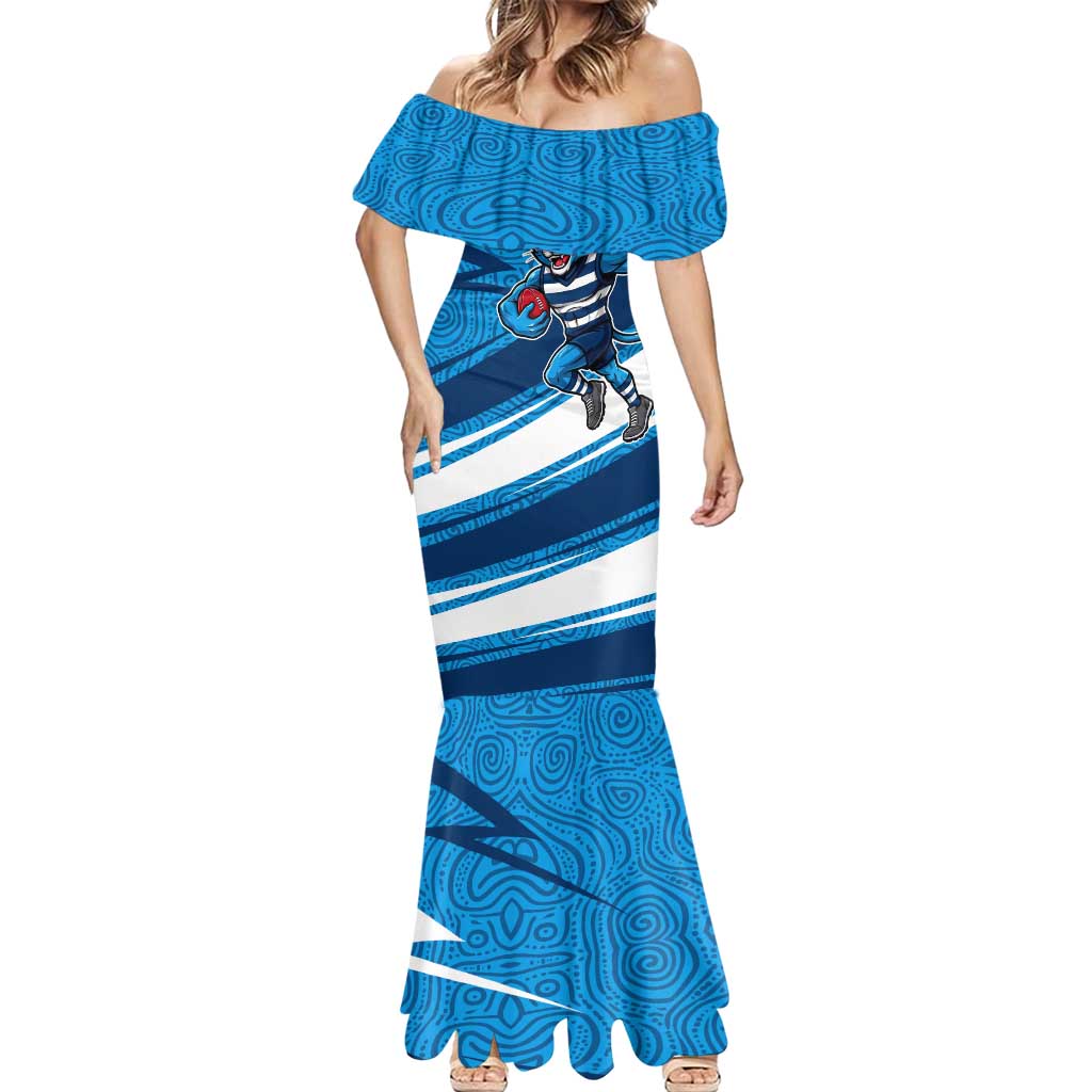 Geelong Cats Australian Football Mermaid Dress Fierce Cat Mascot With Indigenous Pattern Art