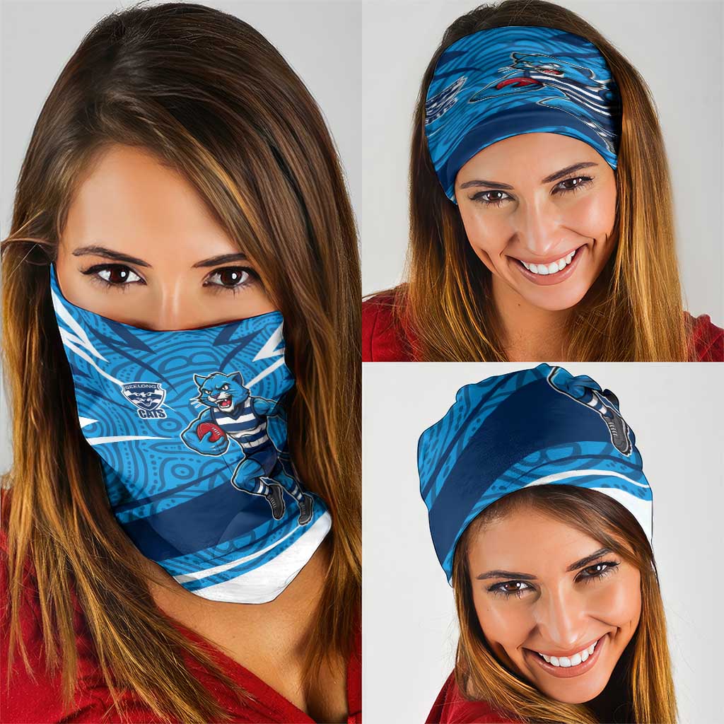 Geelong Cats Australian Football Neck Gaiter Fierce Cat Mascot With Indigenous Pattern Art