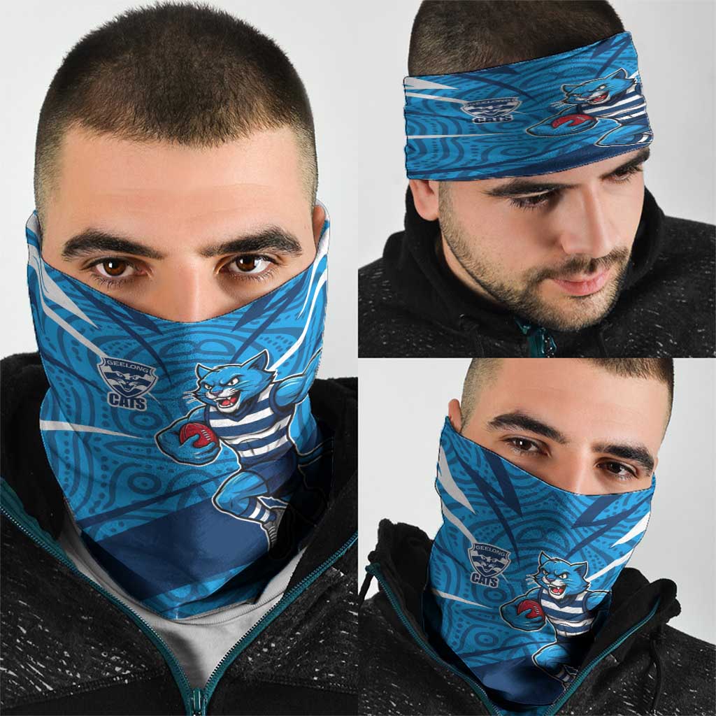 Geelong Cats Australian Football Neck Gaiter Fierce Cat Mascot With Indigenous Pattern Art