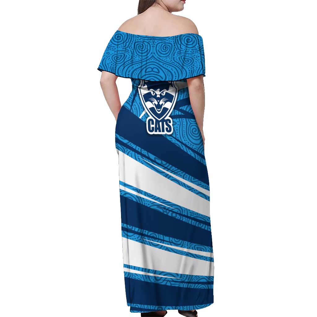 Geelong Cats Australian Football Off Shoulder Maxi Dress Fierce Cat Mascot With Indigenous Pattern Art